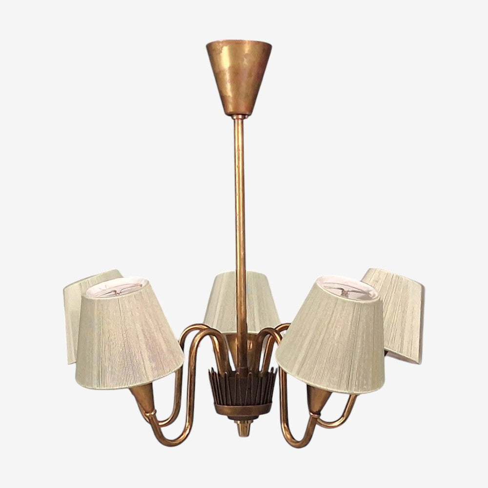 Swedish Modern, Five Arm Chandelier, Patinated Brass, Sweden, 1950s