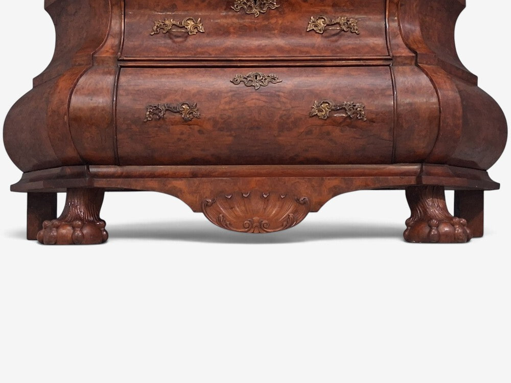 Dutch Baroque Style, Large Bombe Bookcase, Burr Walnut, Glass, England, 1940s