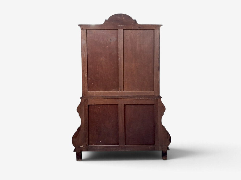 Dutch Baroque Style, Large Bombe Bookcase, Burr Walnut, Glass, England, 1940s