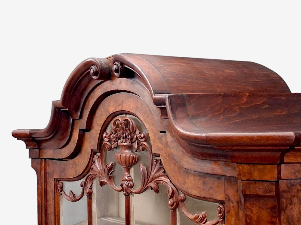 Dutch Baroque Style, Large Bombe Bookcase, Burr Walnut, Glass, England, 1940s
