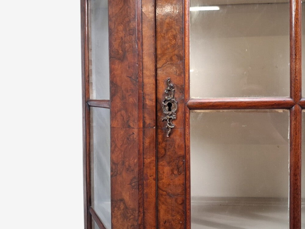 Dutch Baroque Style, Large Bombe Bookcase, Burr Walnut, Glass, England, 1940s