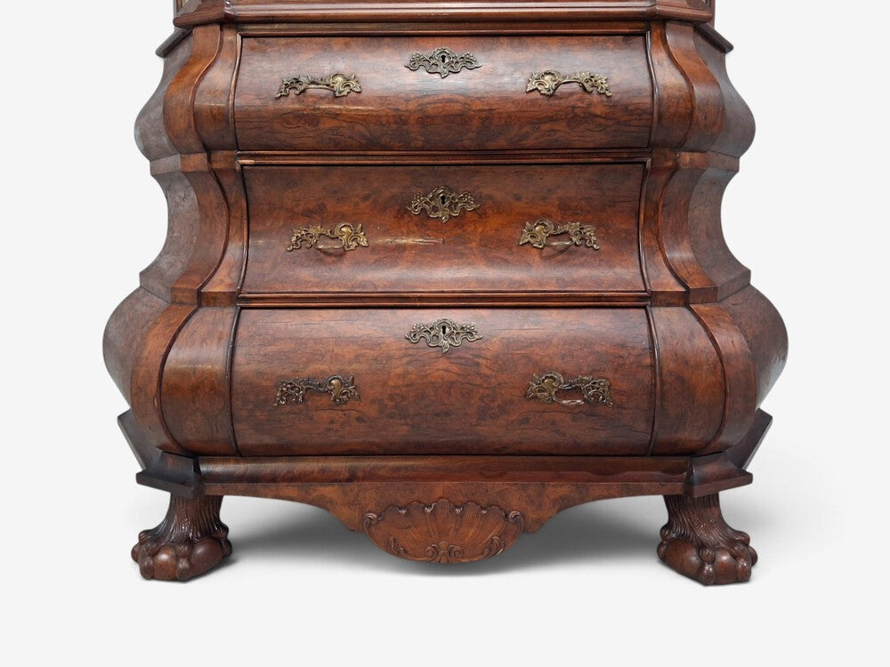Dutch Baroque Style, Large Bombe Bookcase, Burr Walnut, Glass, England, 1940s