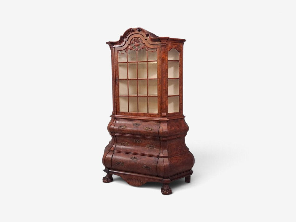 Dutch Baroque Style, Large Bombe Bookcase, Burr Walnut, Glass, England, 1940s