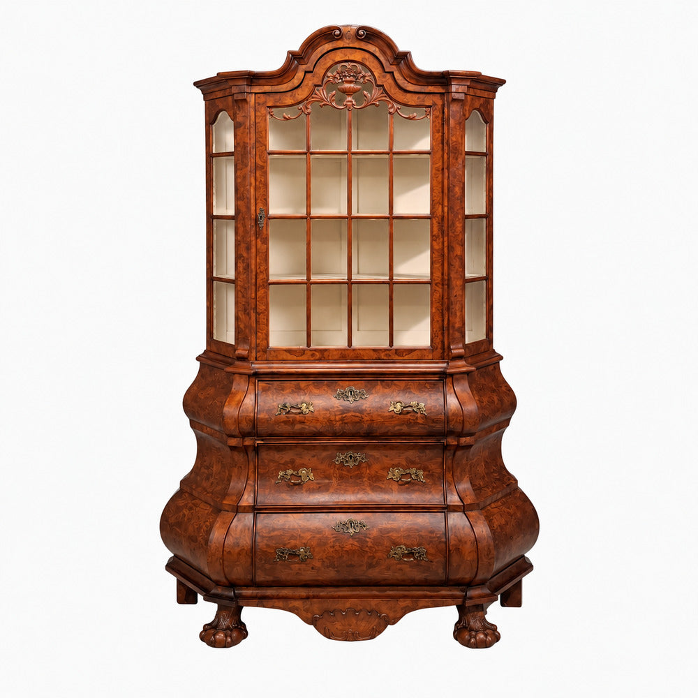 Dutch Baroque Style, Large Bombe Bookcase, Burr Walnut, Glass, England, 1940s