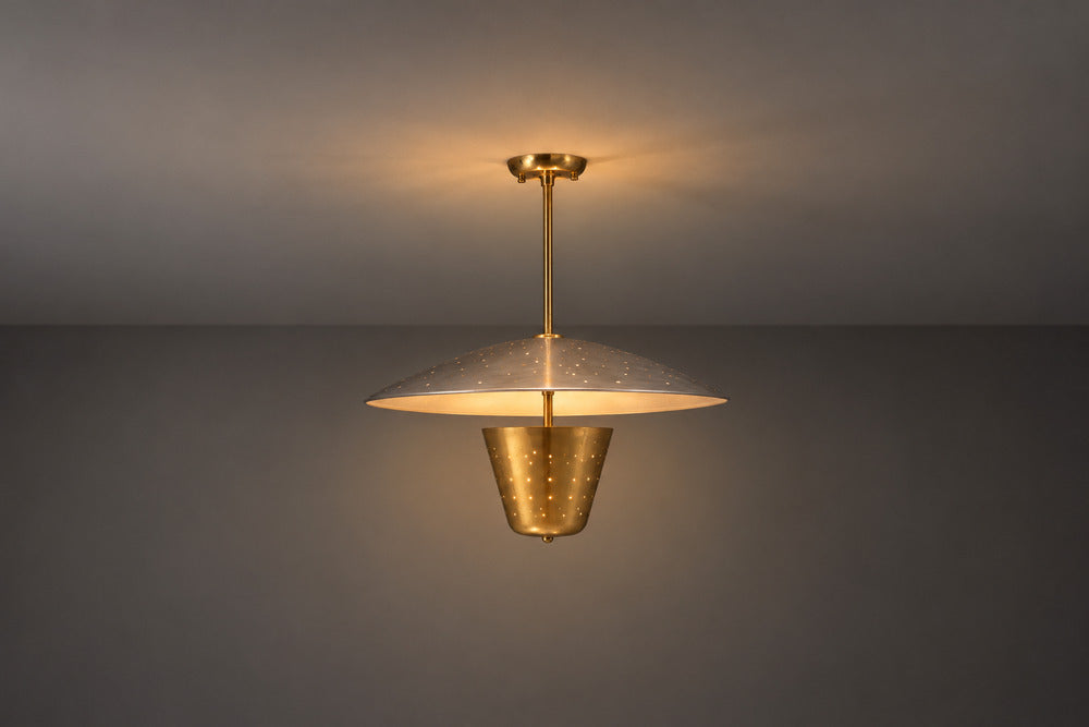 Edward Wormley Attr., Perforated Chandelier, Brass, Lacquered Metal, USA, 1950s