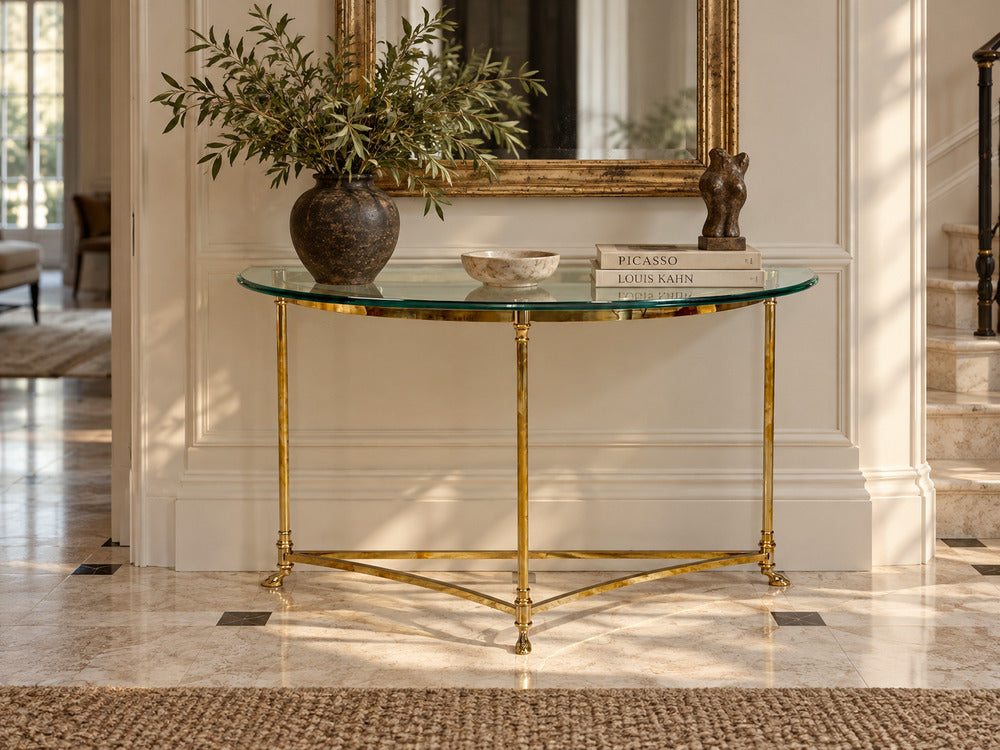 LaBarge, German Modern, Demilune Console Table, Brass, Glass, Germany, 1970s