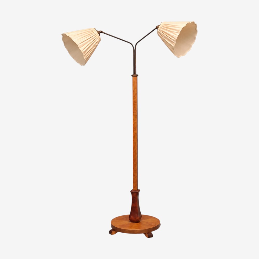 Swedish Art Deco, Double Floor Lamp, Burl Wood, Metal, Fabric, Sweden, 1940s