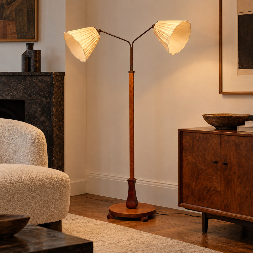 Swedish Art Deco, Double Floor Lamp, Burl Wood, Metal, Fabric, Sweden, 1940s