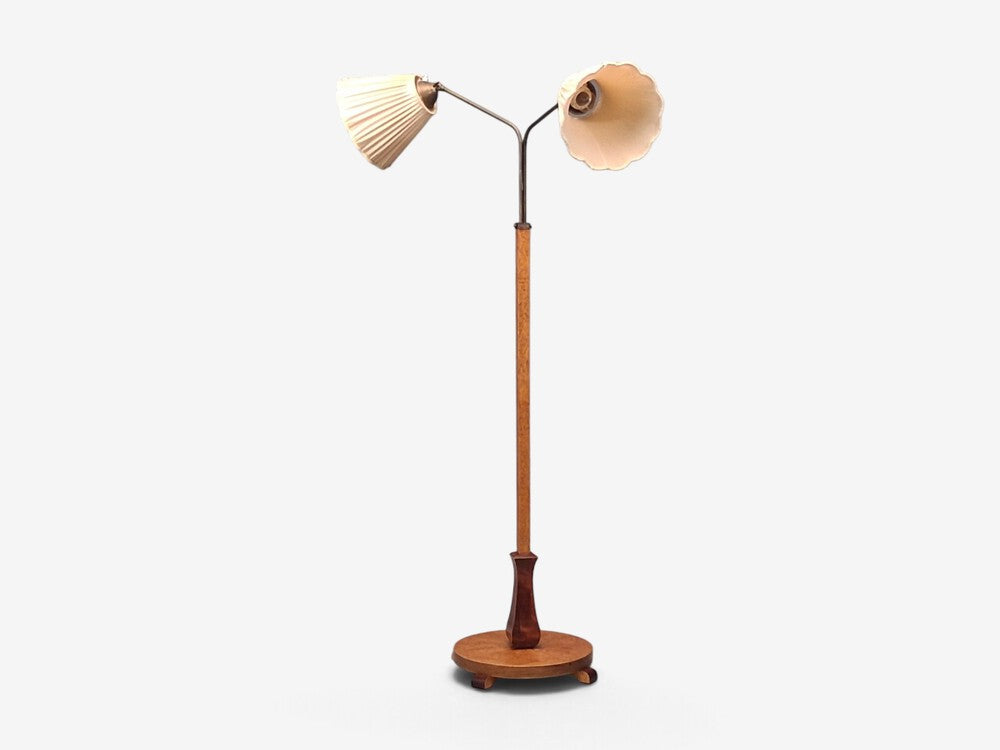 Swedish Art Deco, Double Floor Lamp, Burl Wood, Metal, Fabric, Sweden, 1940s