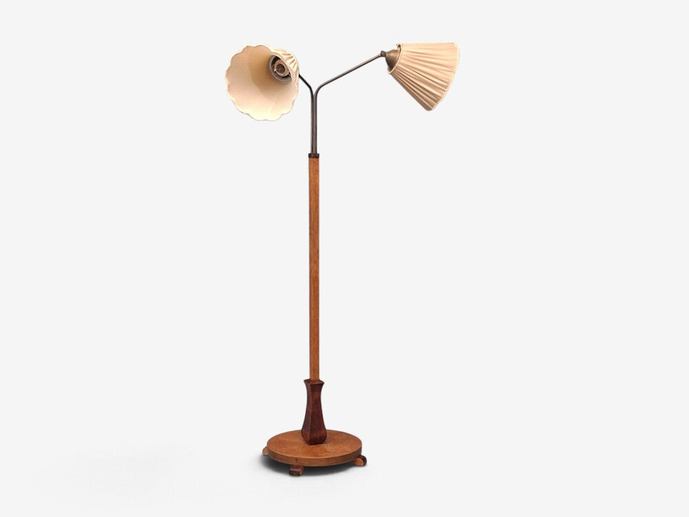 Swedish Art Deco, Double Floor Lamp, Burl Wood, Metal, Fabric, Sweden, 1940s