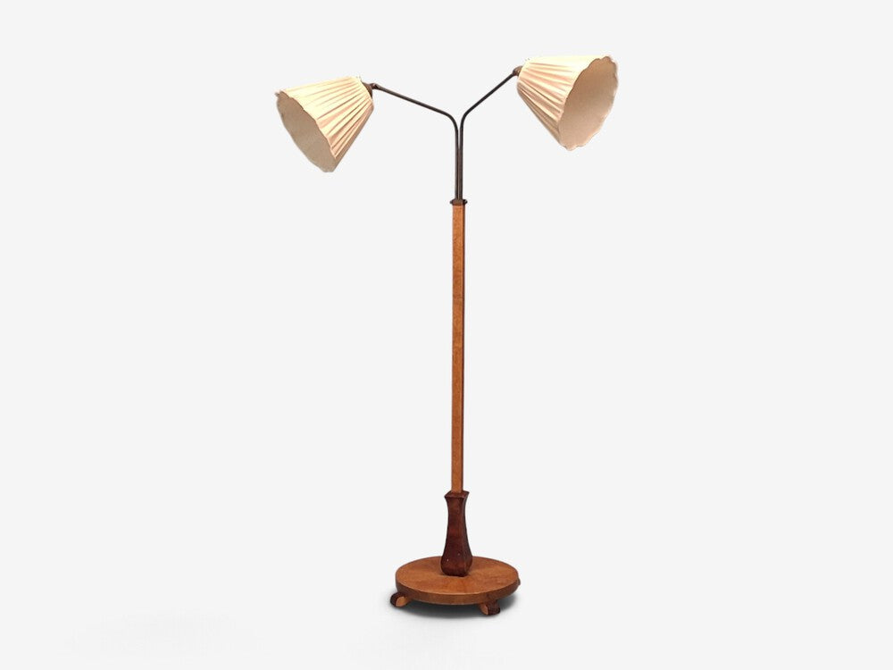 Swedish Art Deco, Double Floor Lamp, Burl Wood, Metal, Fabric, Sweden, 1940s