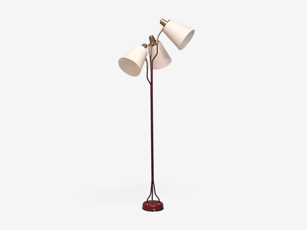 Eskilstuna Elektrofabrik, Floor Lamp, Red Lacquered Metal, Brass, Sweden, 1960s