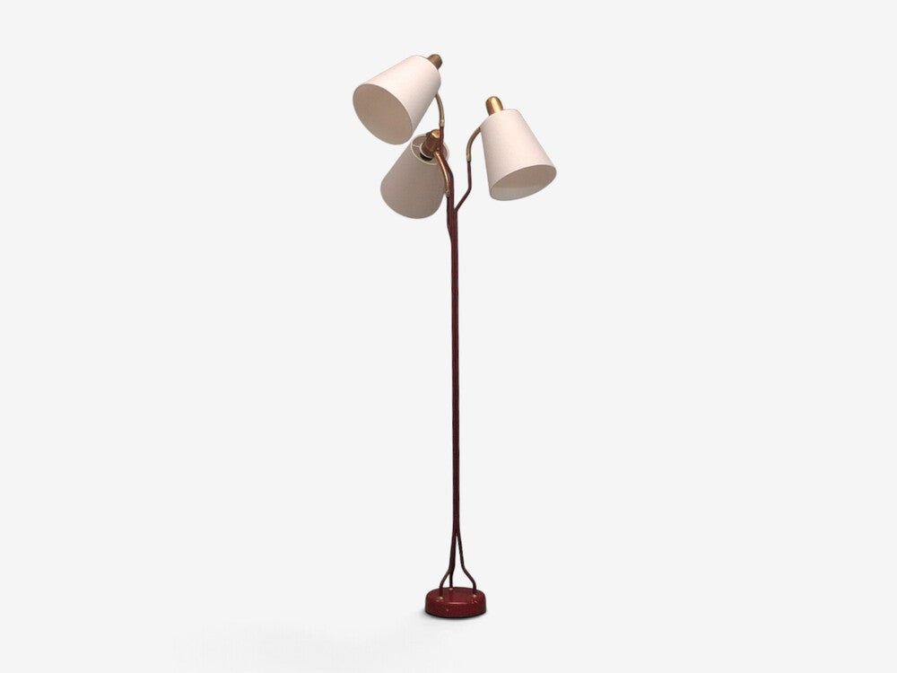 Eskilstuna Elektrofabrik, Floor Lamp, Red Lacquered Metal, Brass, Sweden, 1960s