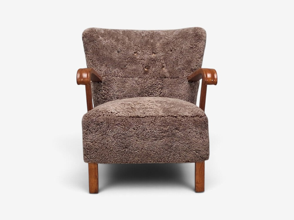Danish Cabinetmaker, Lounge Chair, Gray Shearling, Beech, Denmark, 1940s