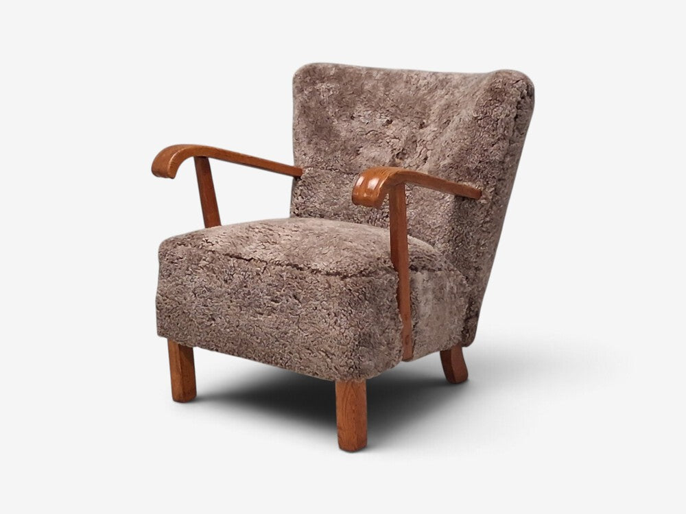 Danish Cabinetmaker, Lounge Chair, Gray Shearling, Beech, Denmark, 1940s