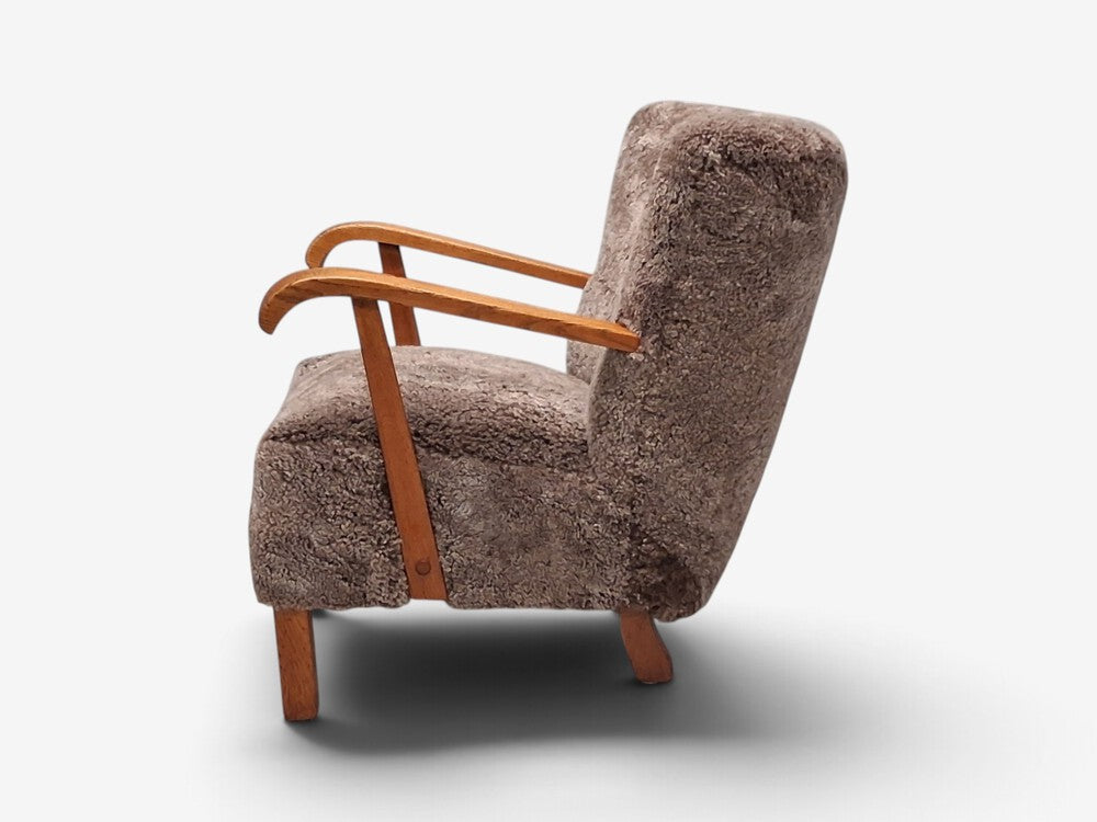 Danish Cabinetmaker, Lounge Chair, Gray Shearling, Beech, Denmark, 1940s