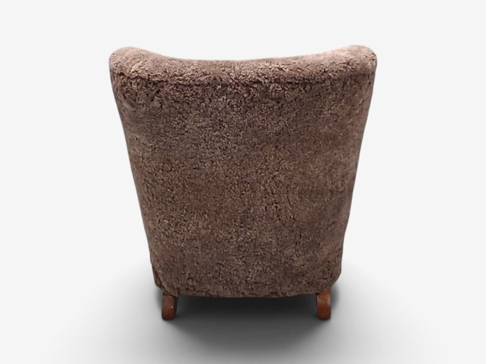 Danish Cabinetmaker, Lounge Chair, Gray Shearling, Beech, Denmark, 1940s