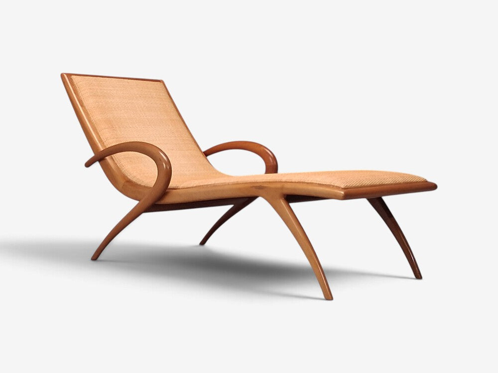 John Graz, Rare Chaise Lounge, Curved Wood, Woven Raffia, Brazil, 1950s
