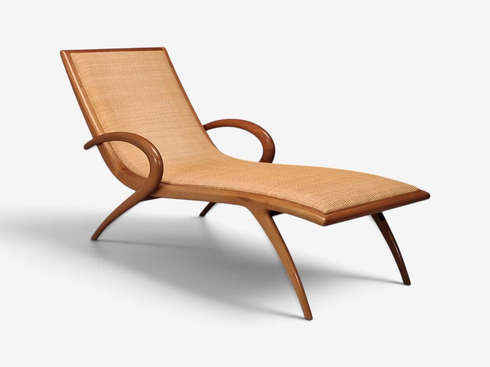 John Graz, Rare Chaise Lounge, Curved Wood, Woven Raffia, Brazil, 1950s