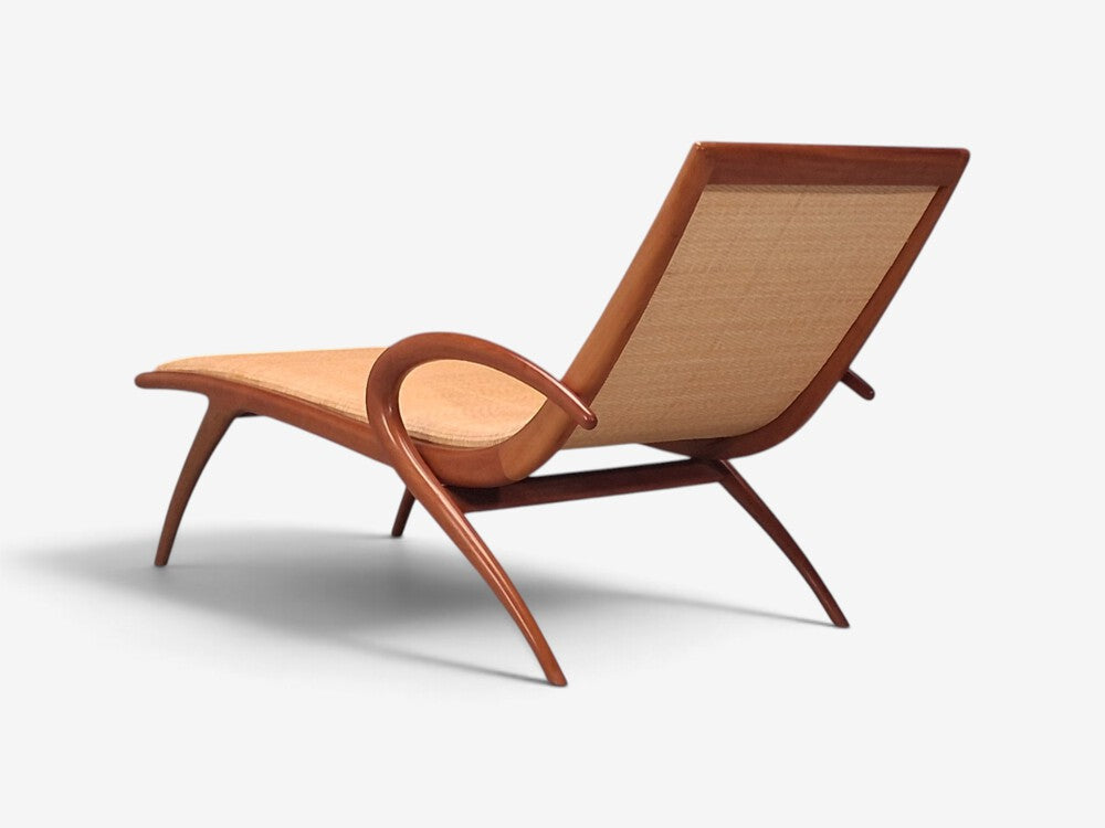 John Graz, Rare Chaise Lounge, Curved Wood, Woven Raffia, Brazil, 1950s