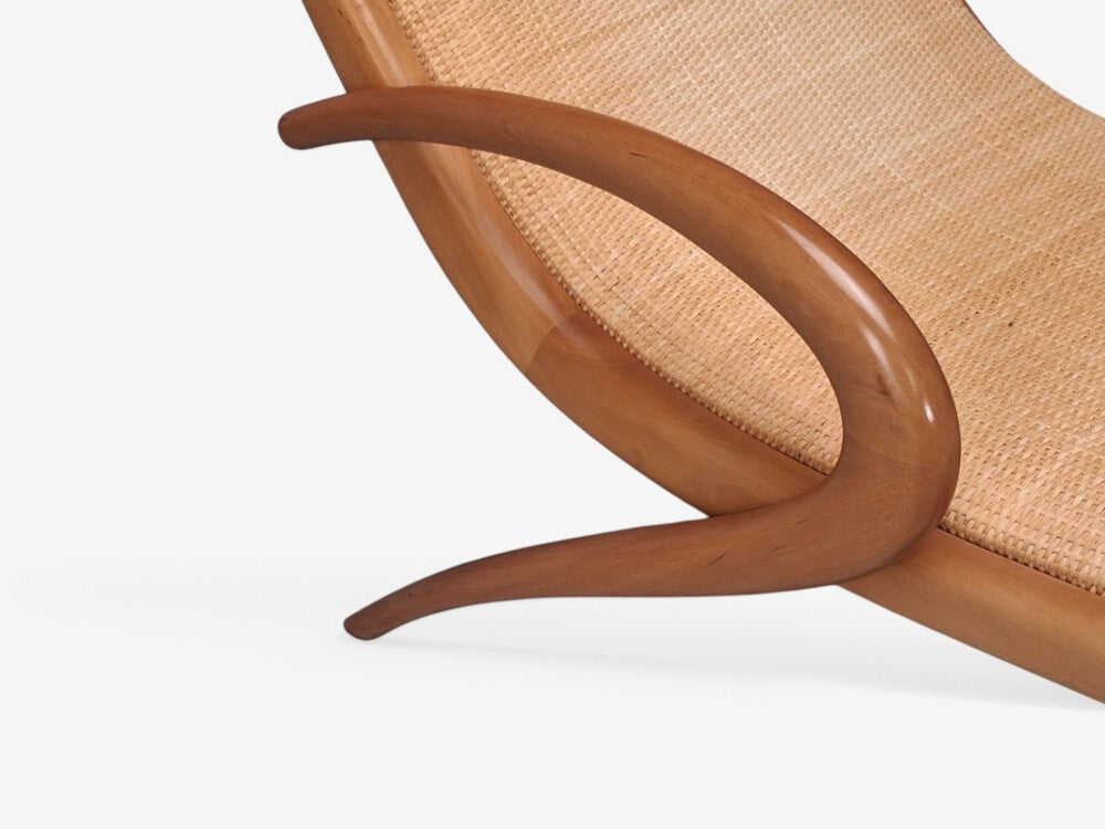 John Graz, Rare Chaise Lounge, Curved Wood, Woven Raffia, Brazil, 1950s