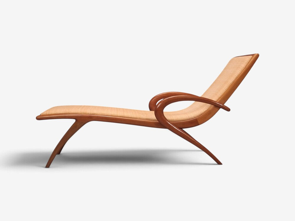 John Graz, Rare Chaise Lounge, Curved Wood, Woven Raffia, Brazil, 1950s