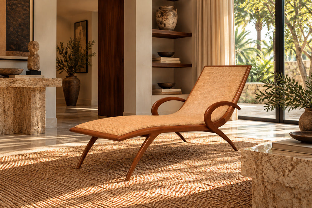 John Graz, Rare Chaise Lounge, Curved Wood, Woven Raffia, Brazil, 1950s