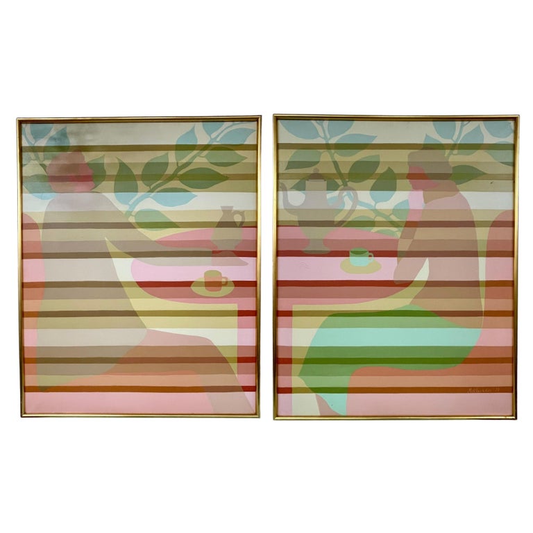 Pair of Mid-Century Framed Oil on Canvas, 'Tea Time' Signed Melbardis, 1979