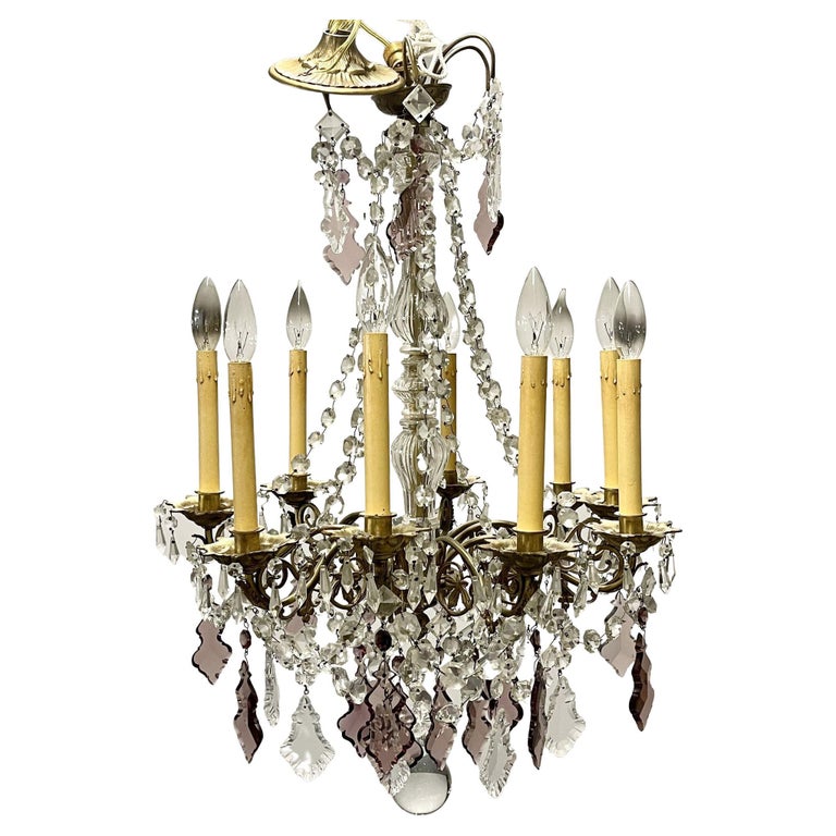 Louis XVI Bronze and Crystal Chandelier, Colored and Clear Crystals, France
