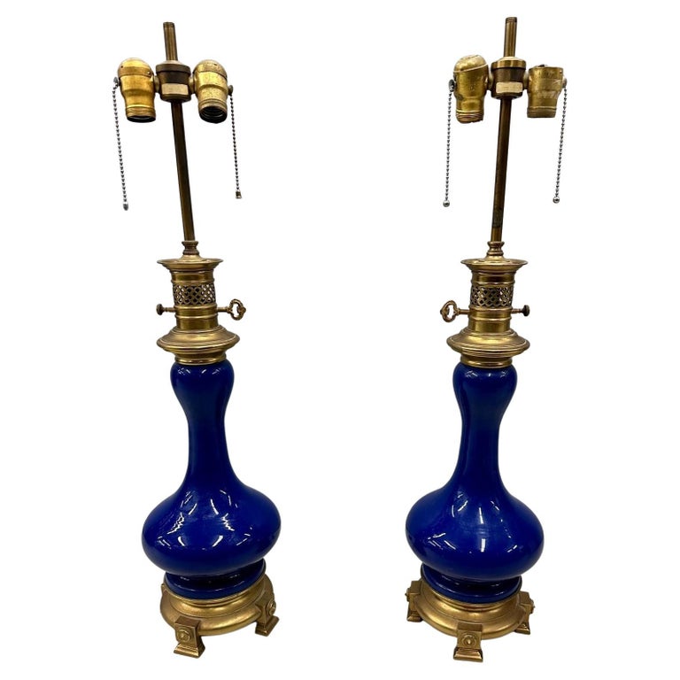 Vintage Pair of Cobalt Blue Warren Kessler Porcelain Table Lamps, Brass, Labeled