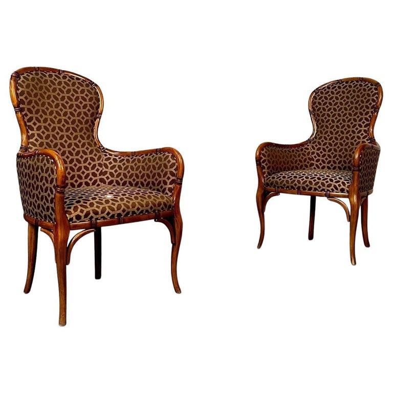 Pair of Fruitwood French Bamboo Carved Arm / Club / Accent Chairs, Kravet Fabric
