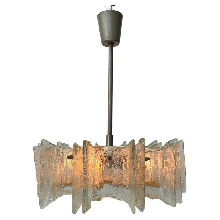 Small Swedish Mid-Century Modern Chandelier / Pendant, Slumped Glass and Brass