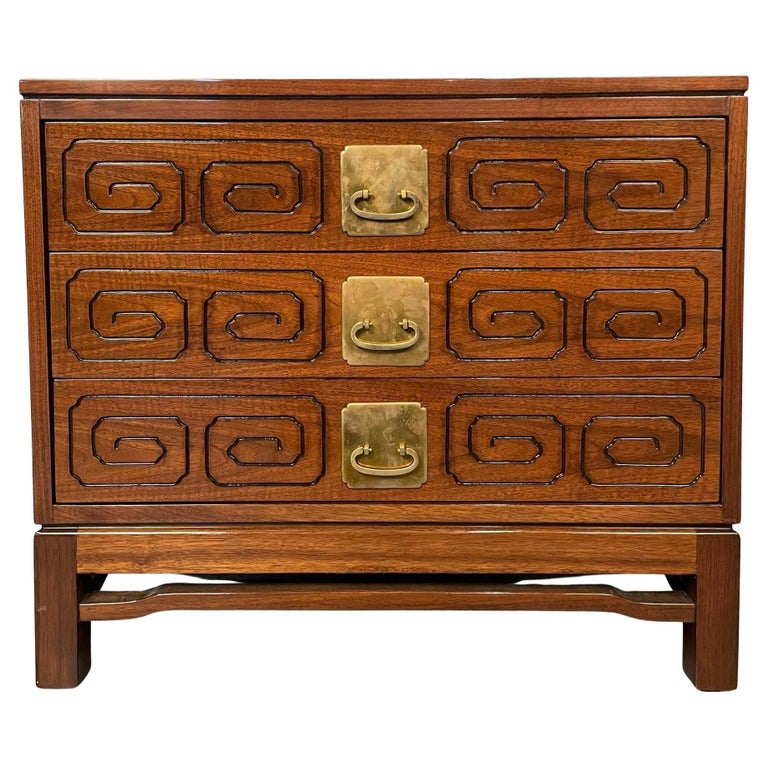 Mid-Century Modern John Widdicomb Nightstand / Walnut Chest, Greek Key Inlay
