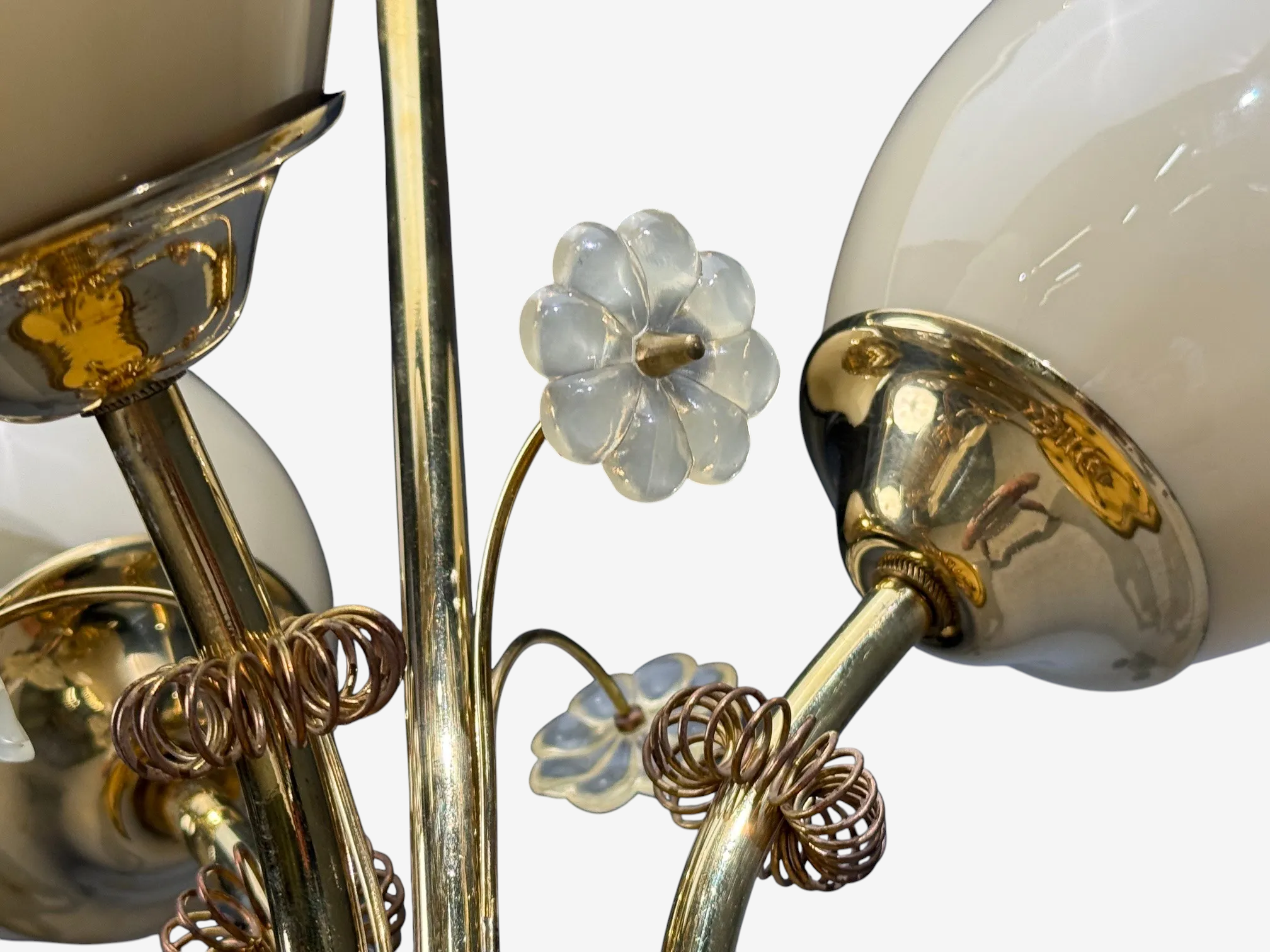 Itsu, Finnish Modern, Snowflake Chandelier, Brass, Glass, Finland, 1950s