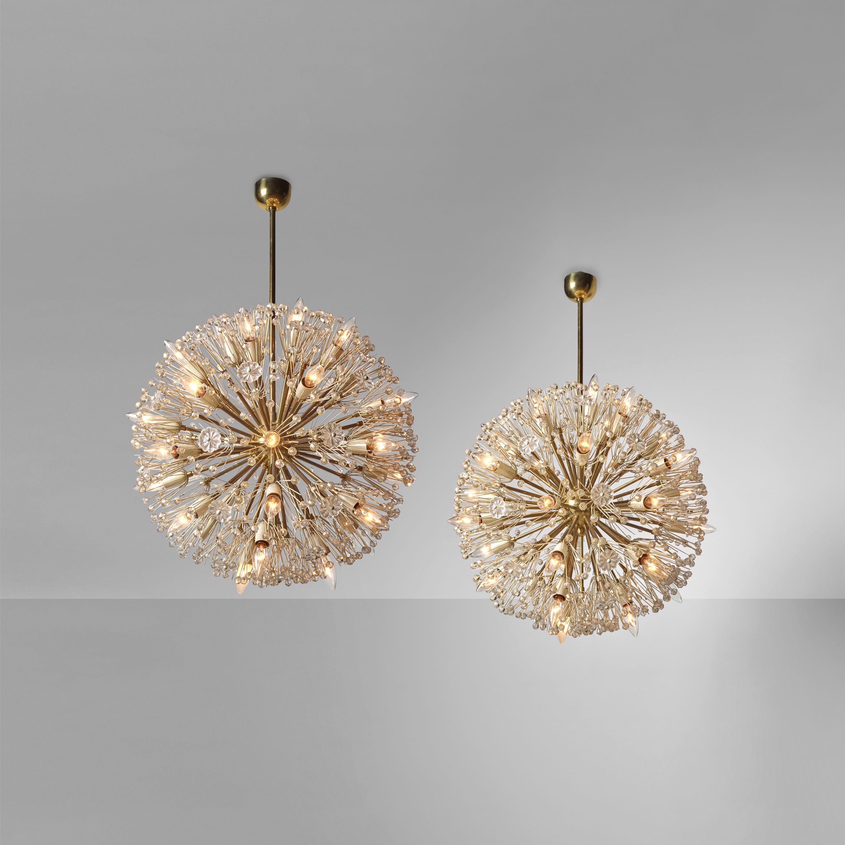 Emil Stejnar, Large Snowflake Chandeliers, Brass, Glass, Austria, 1965