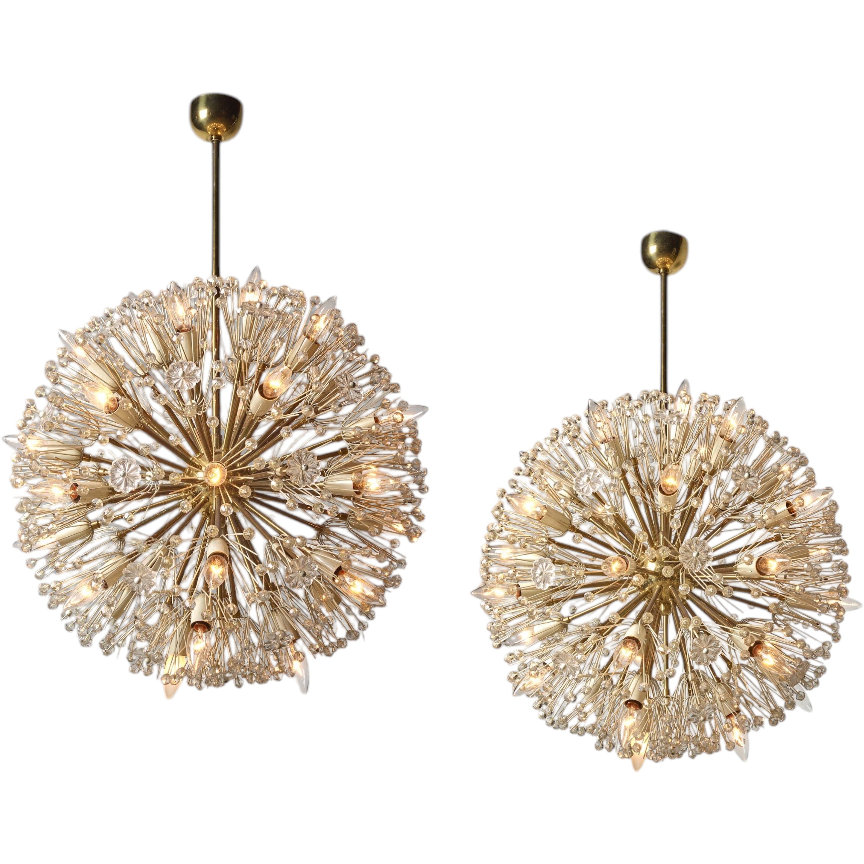 Emil Stejnar, Large Snowflake Chandeliers, Brass, Glass, Austria, 1965