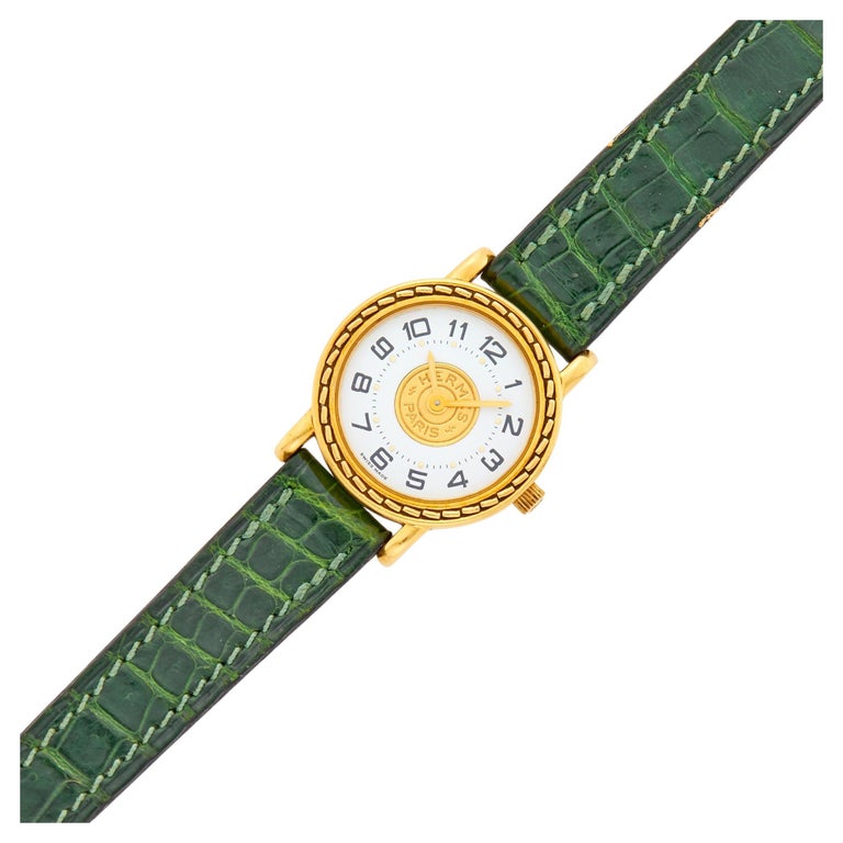 Hermès Paris 18 Kt Gold 'Sellier' Wristwatch, Crocodile Strap