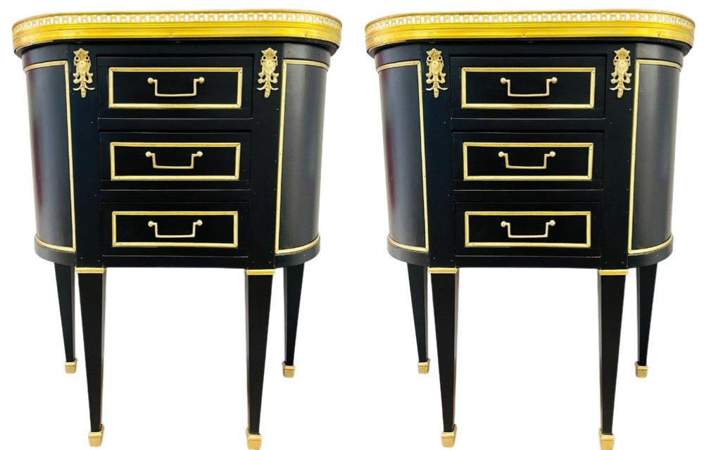 Pair of Jansen Inspired Marble-Top Galleried Ebonized End Tables / Nightstands