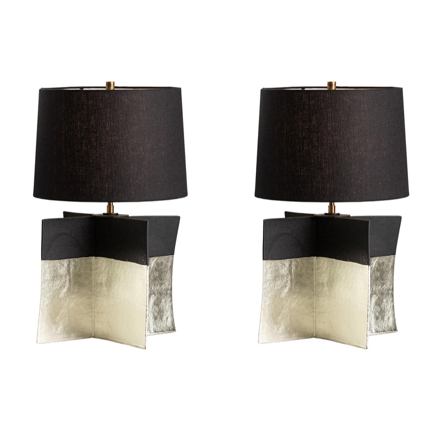 Pair Contemporary Stoneware Ceramic Croisillon Style Table / Desk Lamps, Glazed