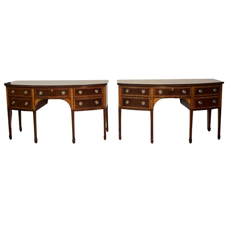 Pair of Baker Mahogany Satinwood Sideboards, Historic Charleston, Bow Front